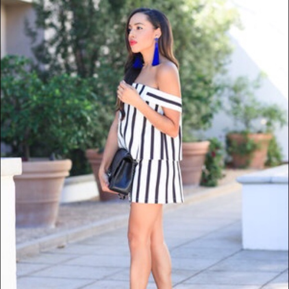 Topshop off shoulder black white stripped romper